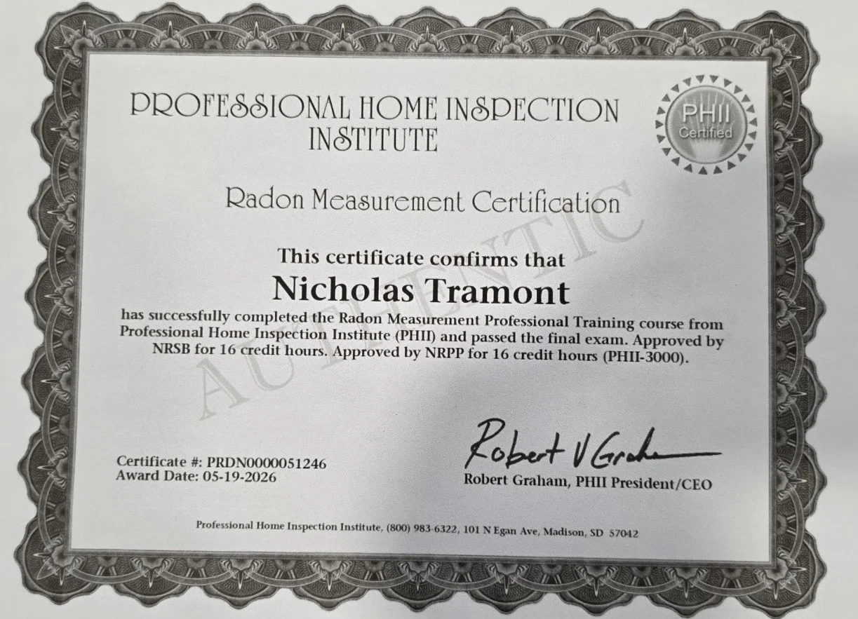 Radon Measurement Certification from the Professional Home Inspection Institute awarded to Nicholas Tramont