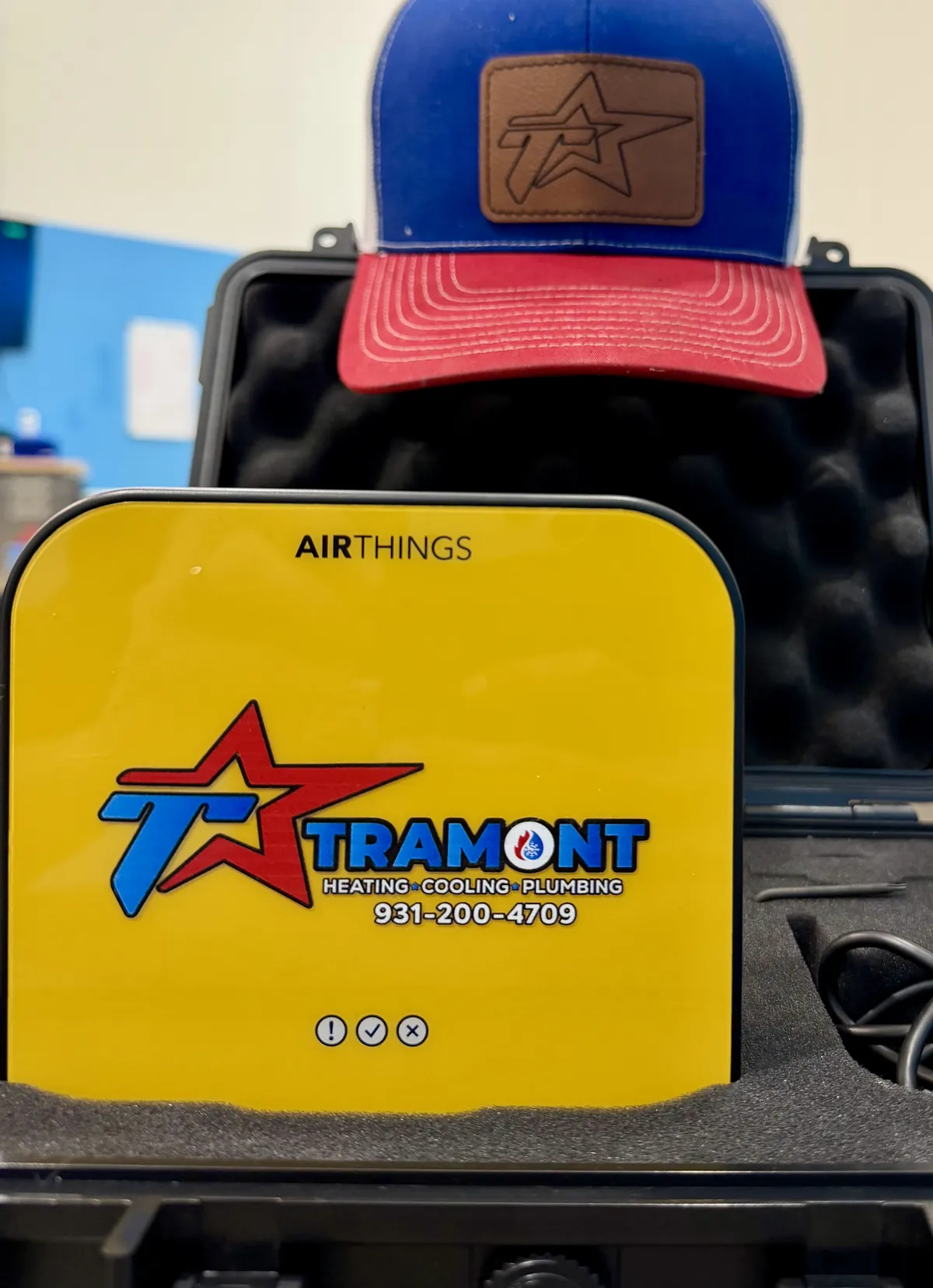 Tramont radon monitor in a foam-lined case with a Tramont cap