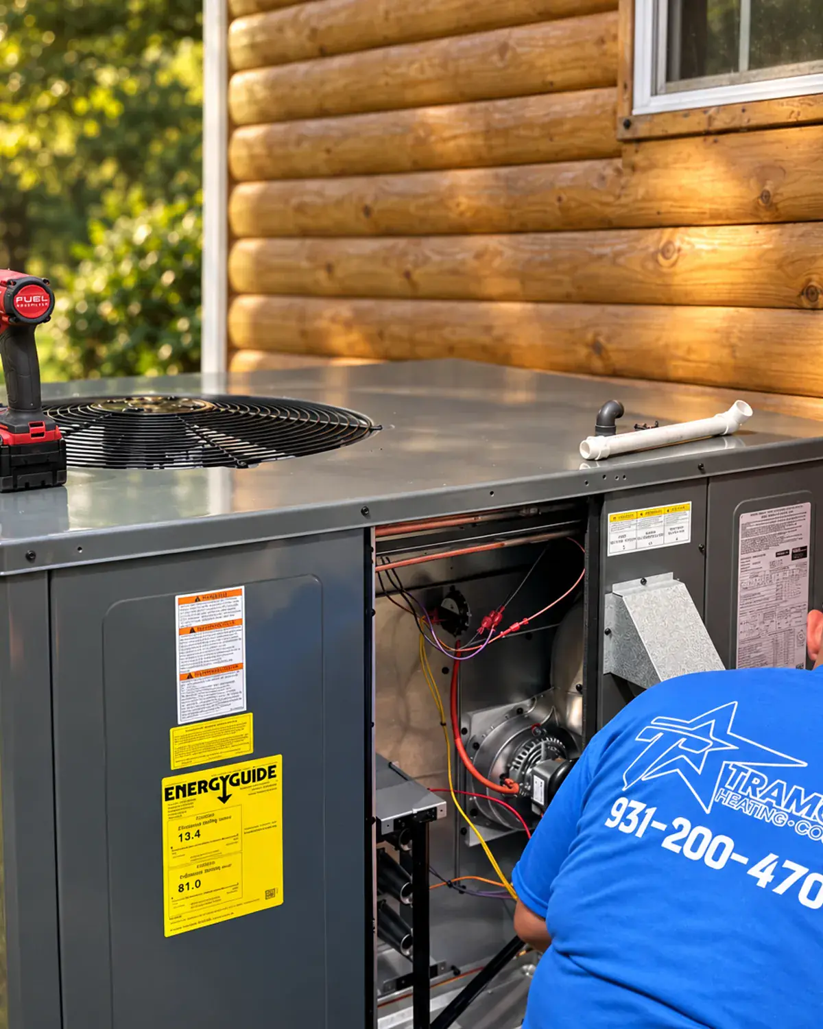 Tramont technician servicing a package HVAC unit