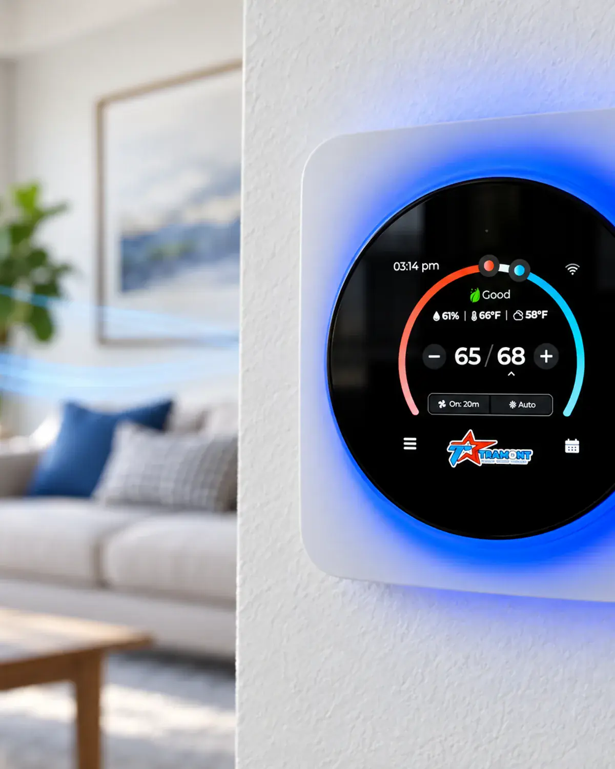 Tramont-branded smart thermostat in a bright living room