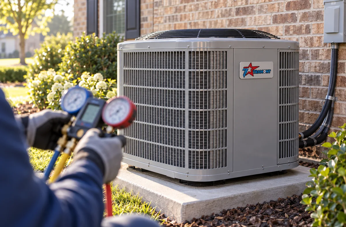 Technician checking refrigerant pressure on a Tramont-serviced AC condenser