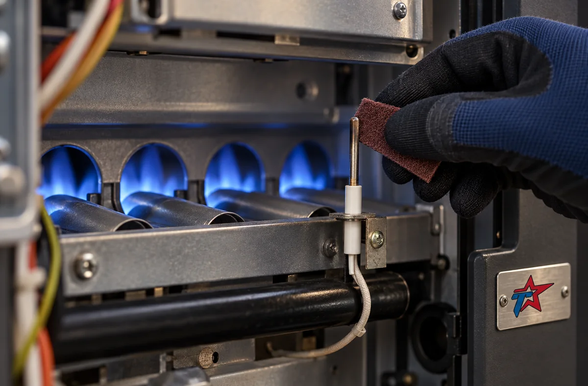Technician cleaning the flame sensor inside a gas furnace