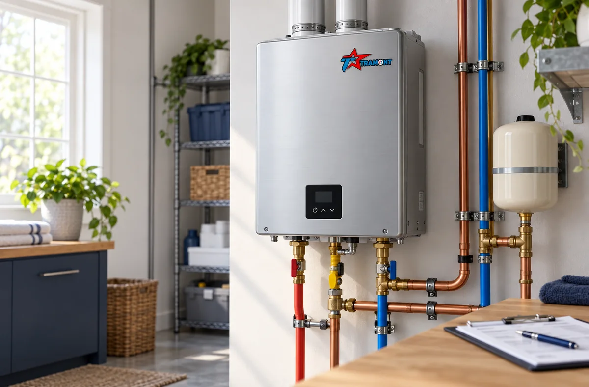 Newly installed Tramont tankless water heater in a clean utility room
